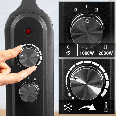 Duronic Electric Heater with control panel showing a power dial with 1000W and 2000W settings and an adjustable thermostat dial ranging from a frost protection icon to maximum heat.