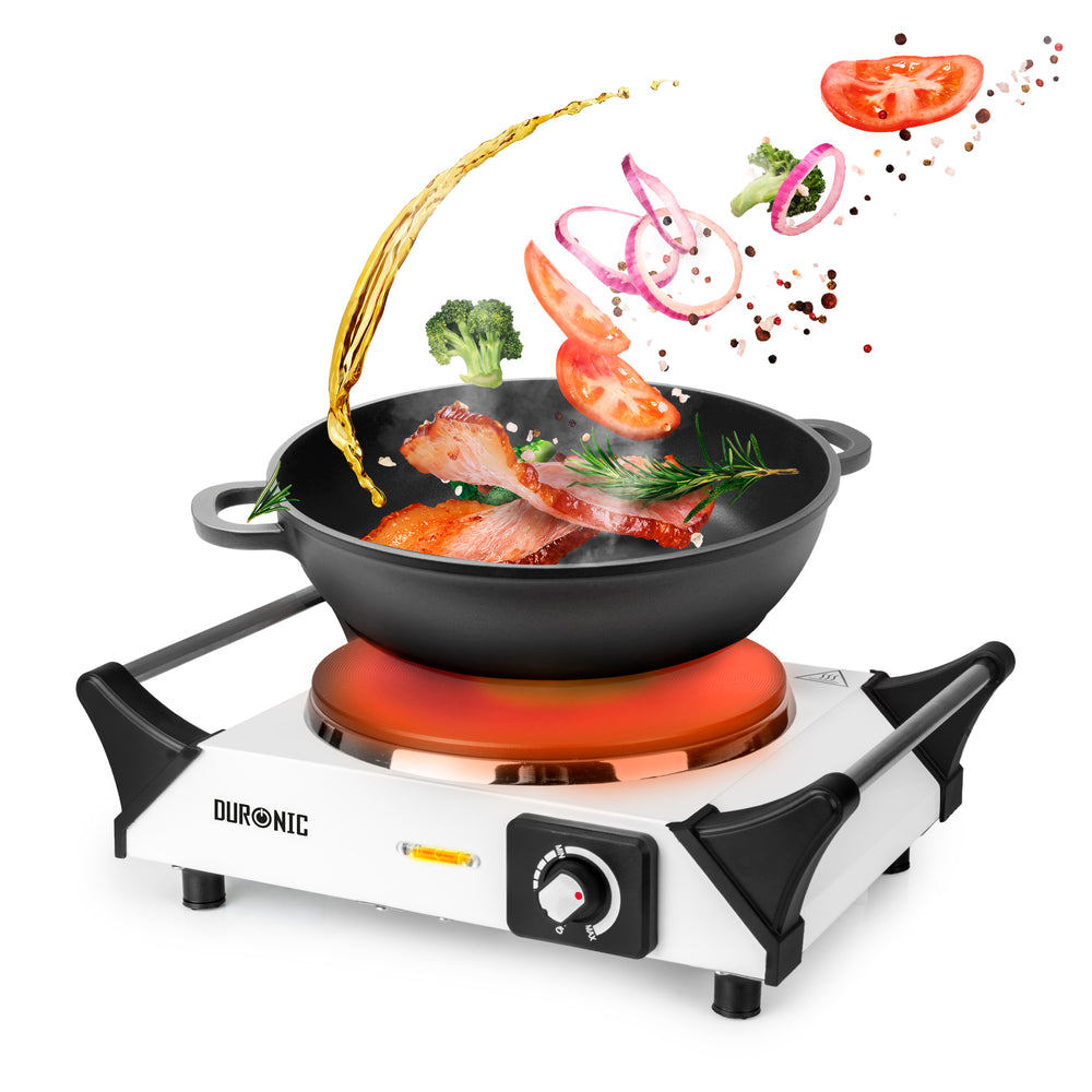 Duronic Electric Hot Plate HP1 WE with bacon, fresh vegetables, and splash oil.