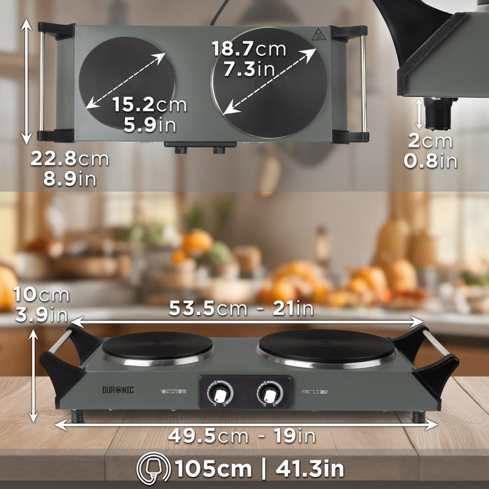Duronic Electric Hot Plate HP2 GG showing full dimensions, burner diameters, and cord length.