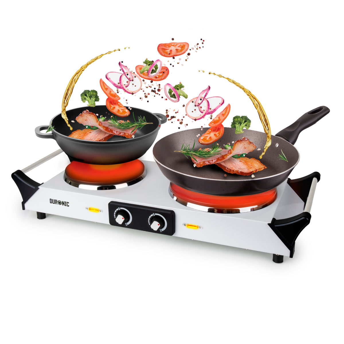 Duronic Electric Hot Plate HP2 WE cooking vegetables and meat in dual frying pans.