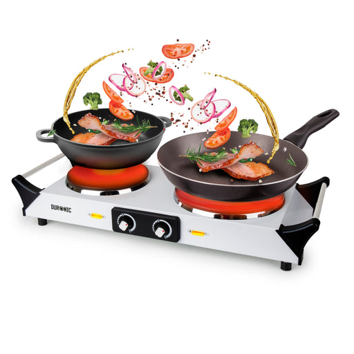 Duronic Electric Hot Plate HP2 WE cooking vegetables and meat in dual frying pans.