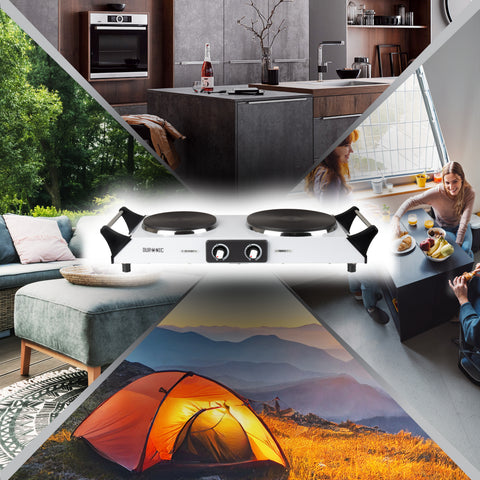 Duronic Electric Hot Plate HP2 WE shown set against home kitchen, patio, indoor, and camping backgrounds.