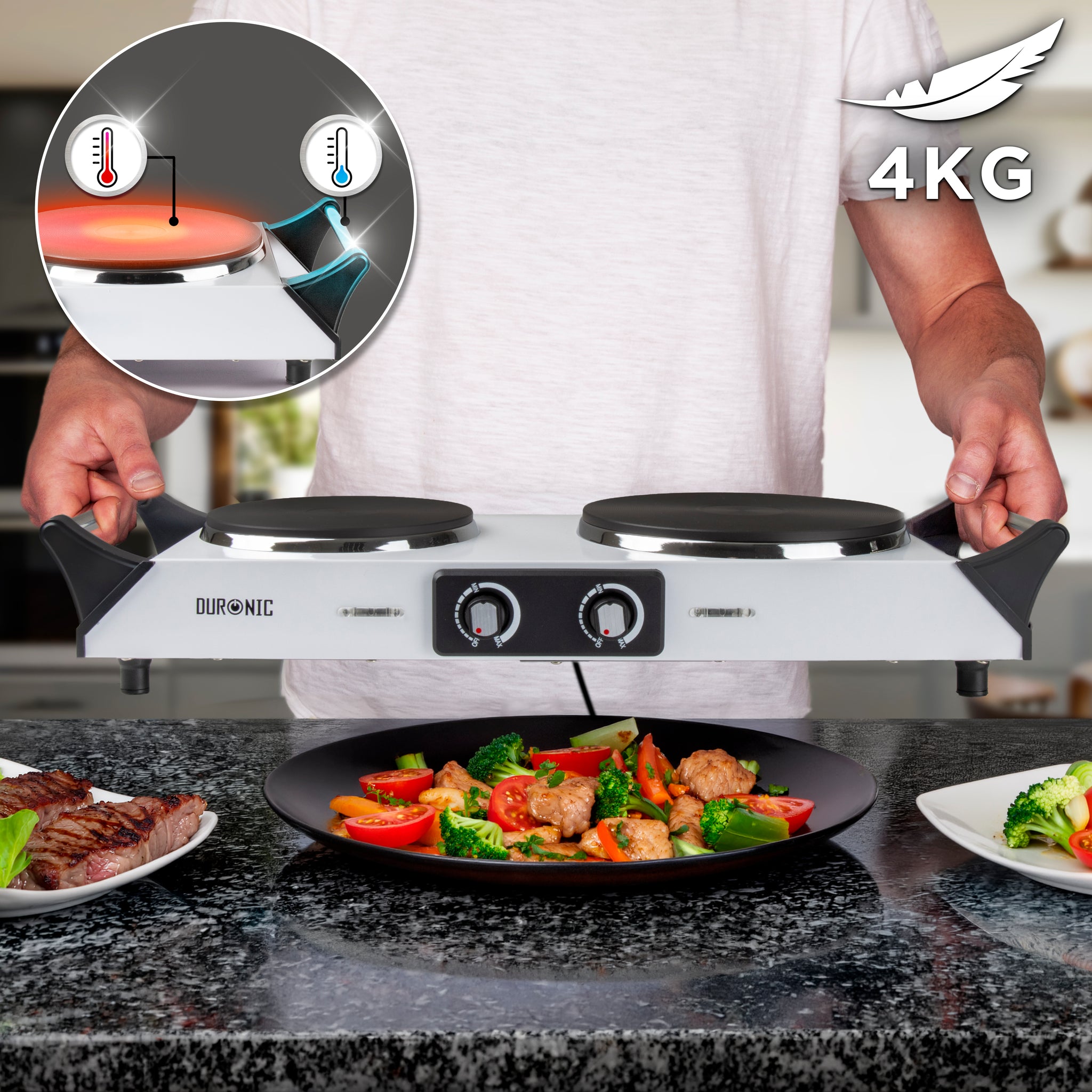 Duronic Electric Hot Plate HP2 WE with cool-touch handles held by a person.
