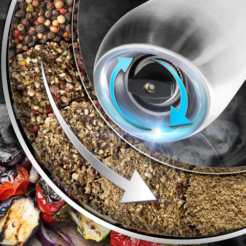 Duronic Electric Salt and Pepper Grinder Set showing adjustable coarseness settings from whole peppercorns to fine ground spices.