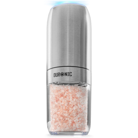 Duronic Electric Salt and Pepper Grinder featuring a clear container filled with pink Himalayan salt.