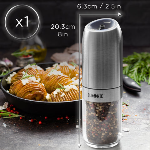 Duronic Electric Salt and Pepper Grinder showing dimensions of 20.3cm height and 6.3cm width next to food.