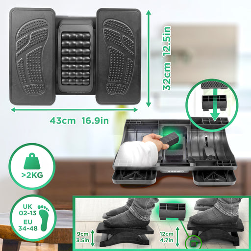 Duronic Ergonomic Footrest with a textured massage surface and height-extension blocks, measuring 43cm by 32cm to fit UK shoe sizes 2-13.