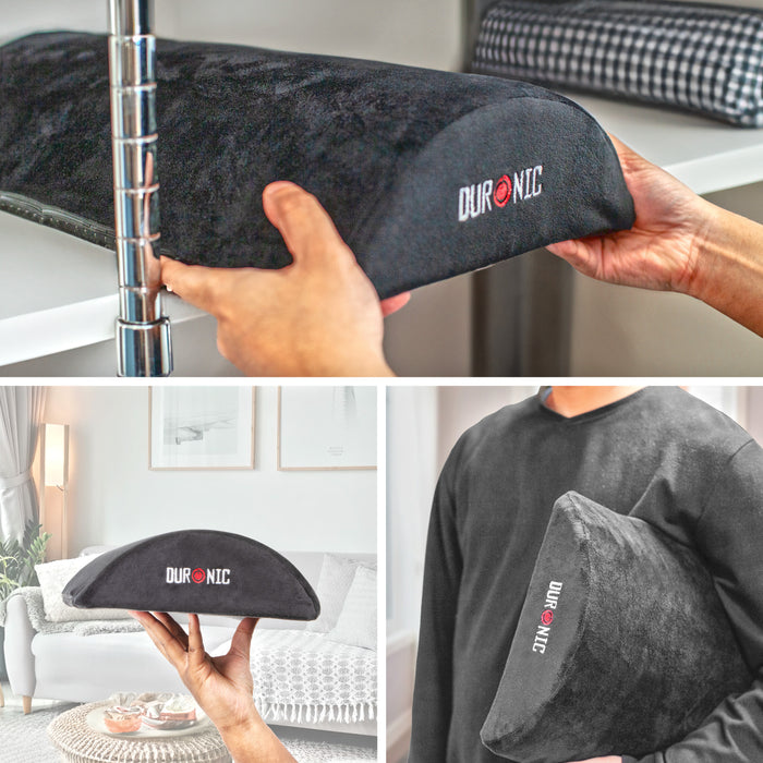 Duronic Ergonomic Footrest wtih a collage showing a person holding and demonstrating the portable footrest