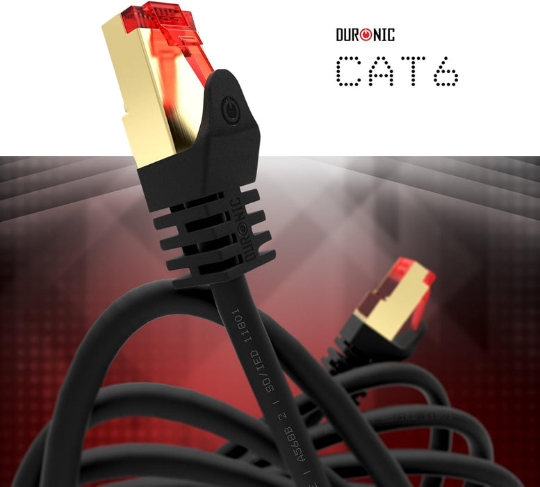 Duronic Ethernet Cable Black featuring gold-plated RJ45 connectors and a durable black snagless boot.