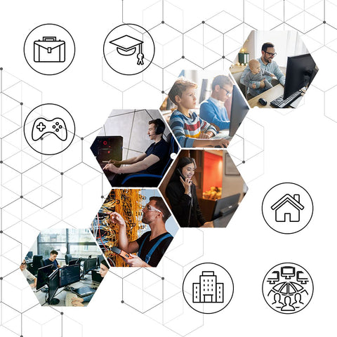 Duronic Ethernet Cable with collage of hexagonal images and icons illustrating various uses for high-speed internet,