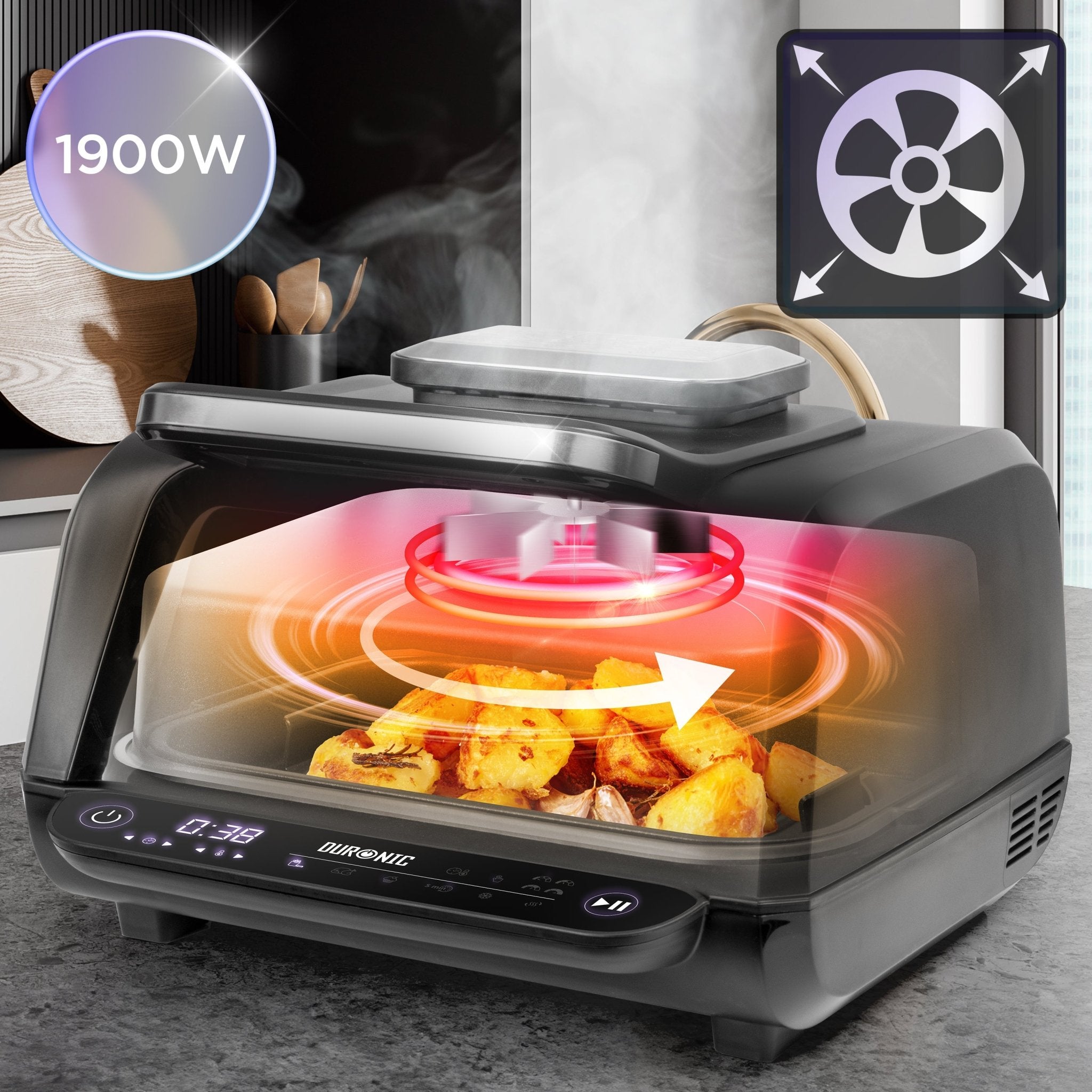 Duronic FG19 electric air fryer 1900W wattage with consistent air flow using the heating coils to ensure food is cooked evenly