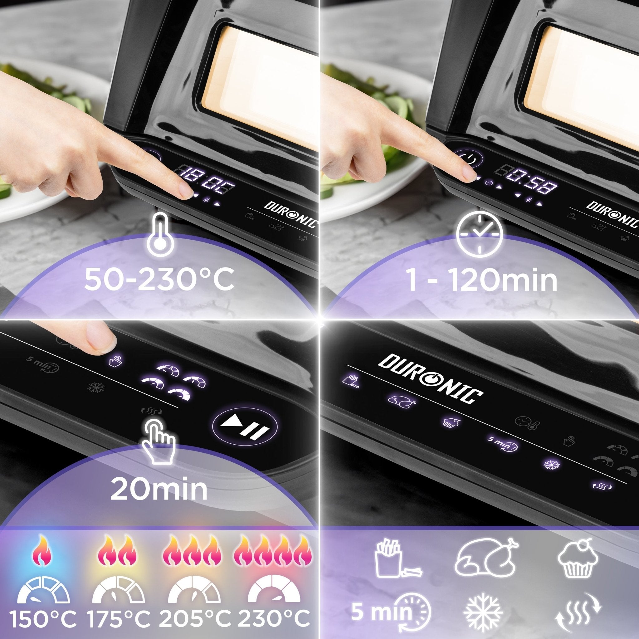 Duronic FG19 electric air fryer grill with different presets like fries, chicken, baking