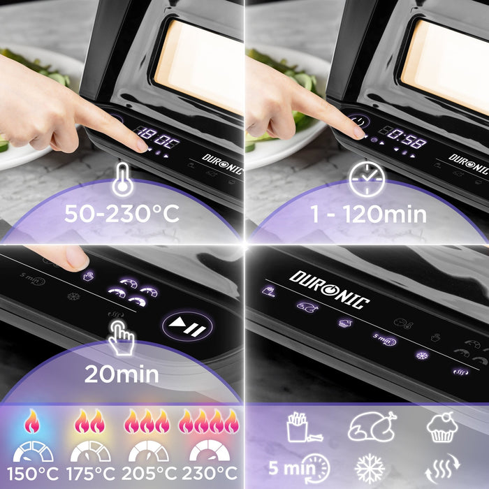 Duronic FG19 electric air fryer grill with different presets like fries, chicken, baking