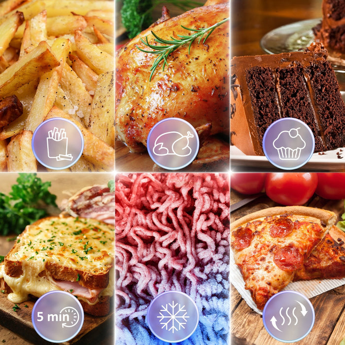 Duronic FG19 electric air fryer grill with fries, chicken, baking, 5 minute, defrost, reheat settings