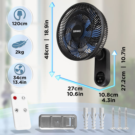 Duronic FN12 BK Wall Mounted Fan with dimensions diagram, remote control, and wall mounting hardware included.