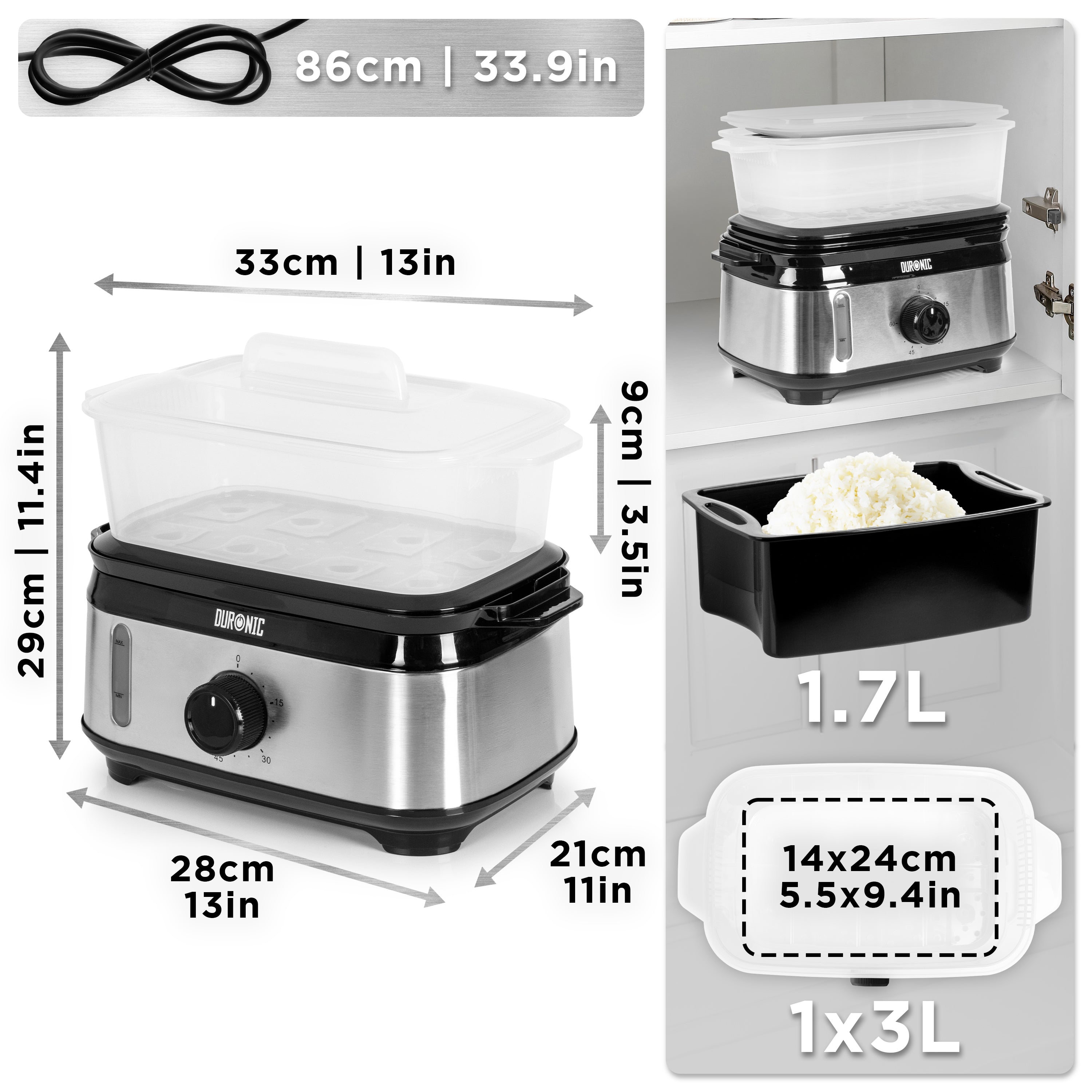 Duronic FS91 BK Black Electric Food Steamer displaying product dimensions, 1.7L rice bowl, and 3L capacity.