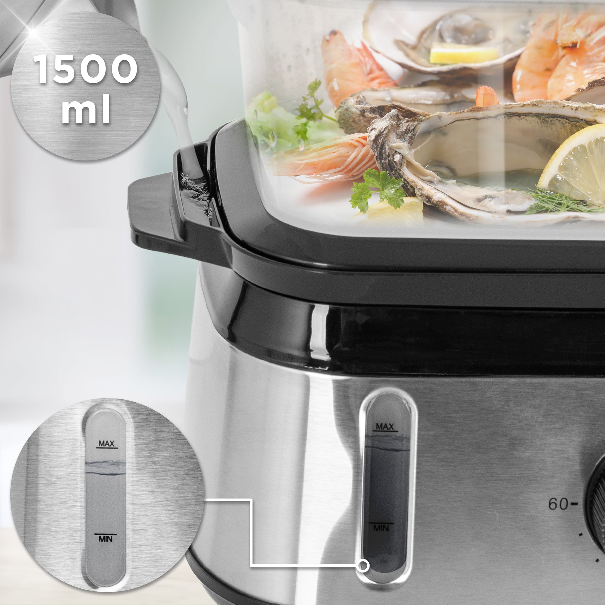 Duronic FS91 BK Black Electric Food Steamer showing water being poured into the 1500 ml external inlet.