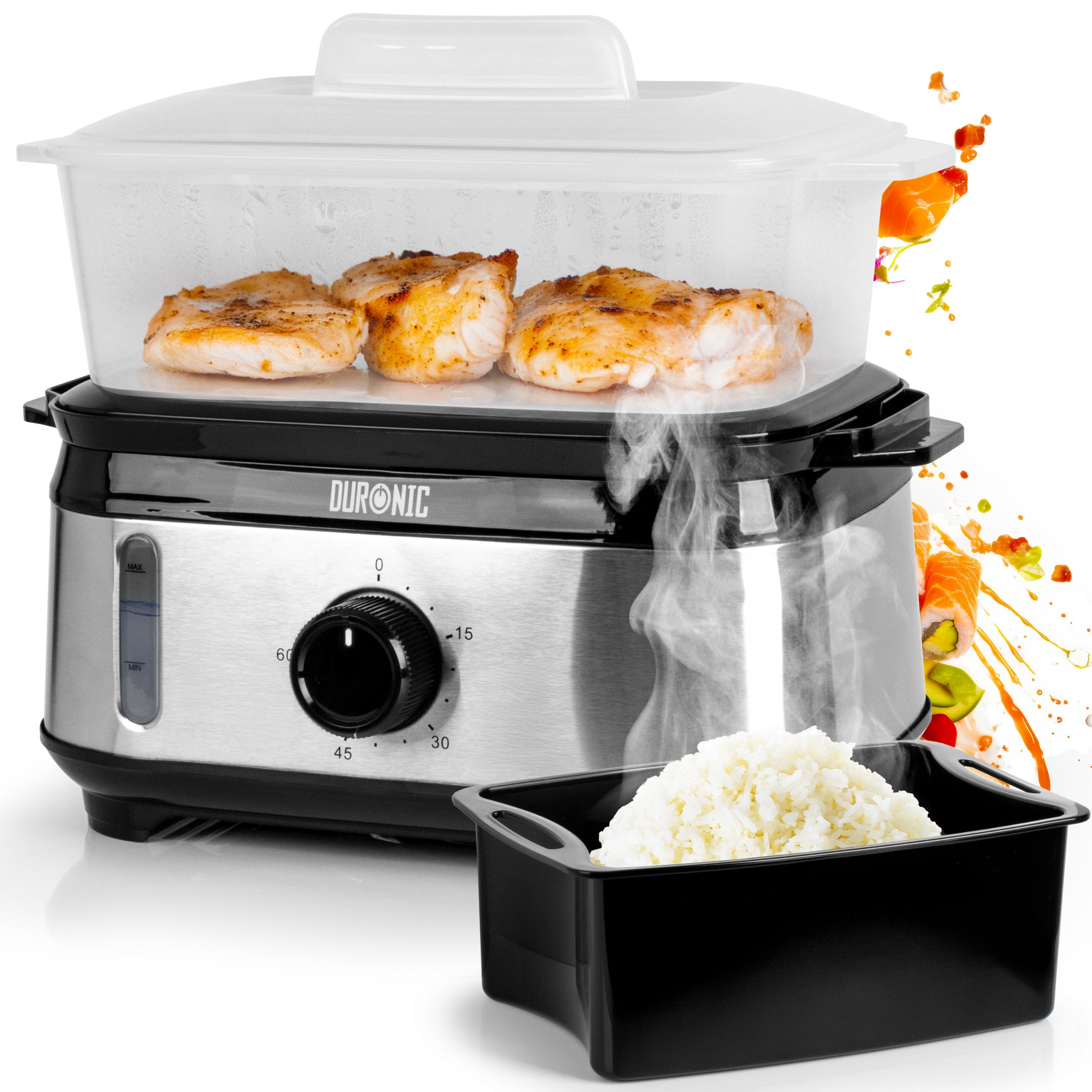 Duronic FS91 BK Black Electric Food Steamer with a bowl of white rice