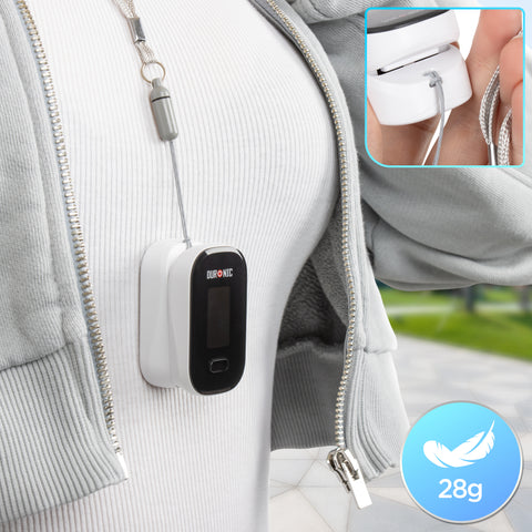 Duronic Finger Pulse Oximeter hangs from a neck lanyard