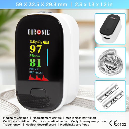 Duronic Finger Pulse Oximeter with product dimension and inclusion.