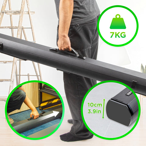 Duronic Floor Green Screen Backdrop features a compact 10cm profile and built-in handles for easy transport and storage.