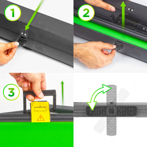 Duronic Floor Green Screen Backdrop showing how to unlatch the case, open the lid, pull up the handle, and rotate the stabilizer feet for support.