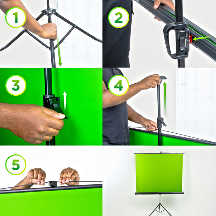 Duronic Floor Green Screen Backdrop showing tripod setup, mounting the screen, and adjusting the height.