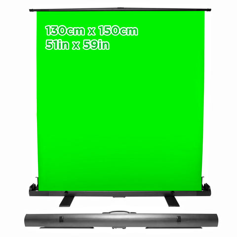 Duronic Floor Green Screen Backdrop shown fully extended from its black aluminum base and collapsed for portable storage.