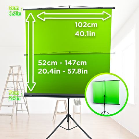 Duronic Floor Green Screen Backdrop with overlaid dimensions showing a fixed width of 102cm and an adjustable height ranging from 52cm to 147cm.