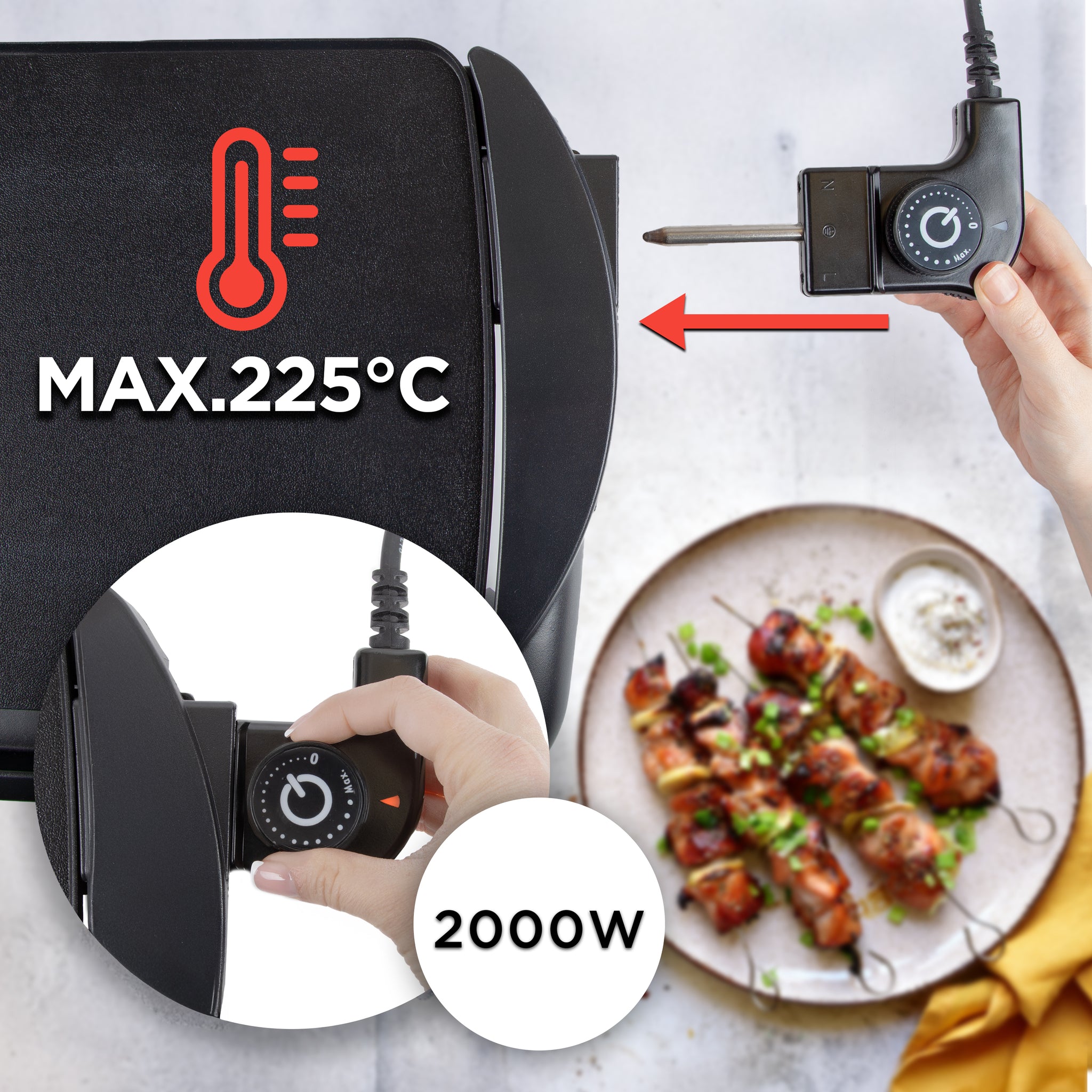 Duronic GP20 electric bbq grill wattage temperature control for skewers