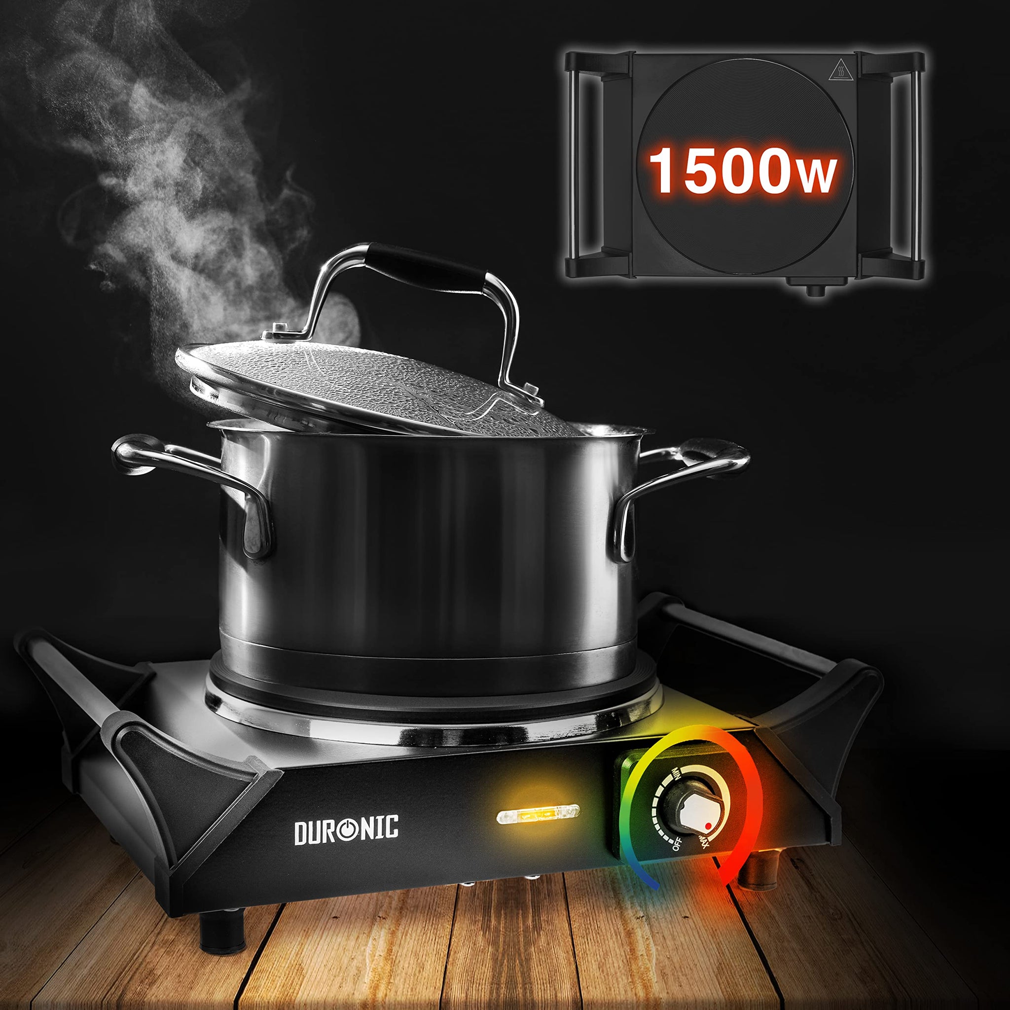 Duronic HP1 BK electric hot plate wattage 1500W heating boiling pot on single hob with temperature dial