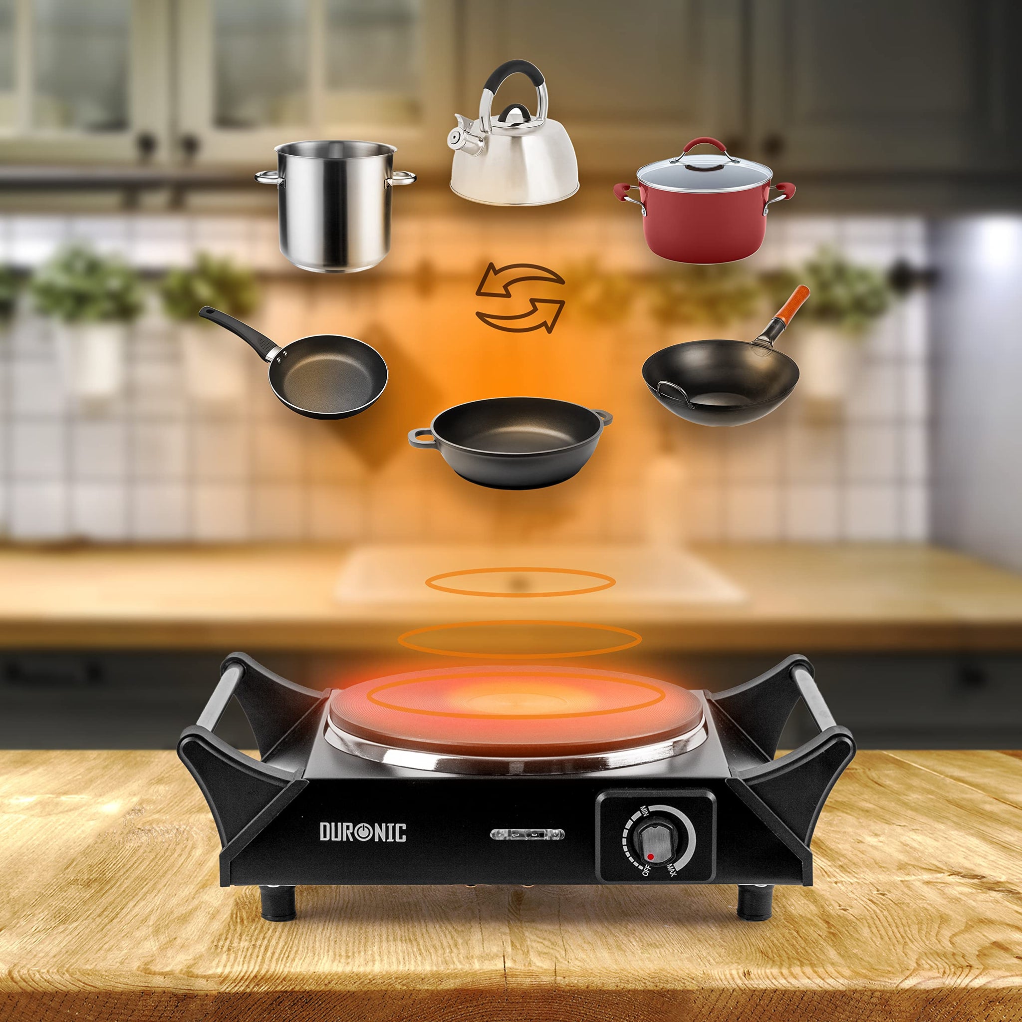 Duronic HP1 BK portable hot plates suitable for pots, pans, woks, kettles for kitchen, home, cooking, camping