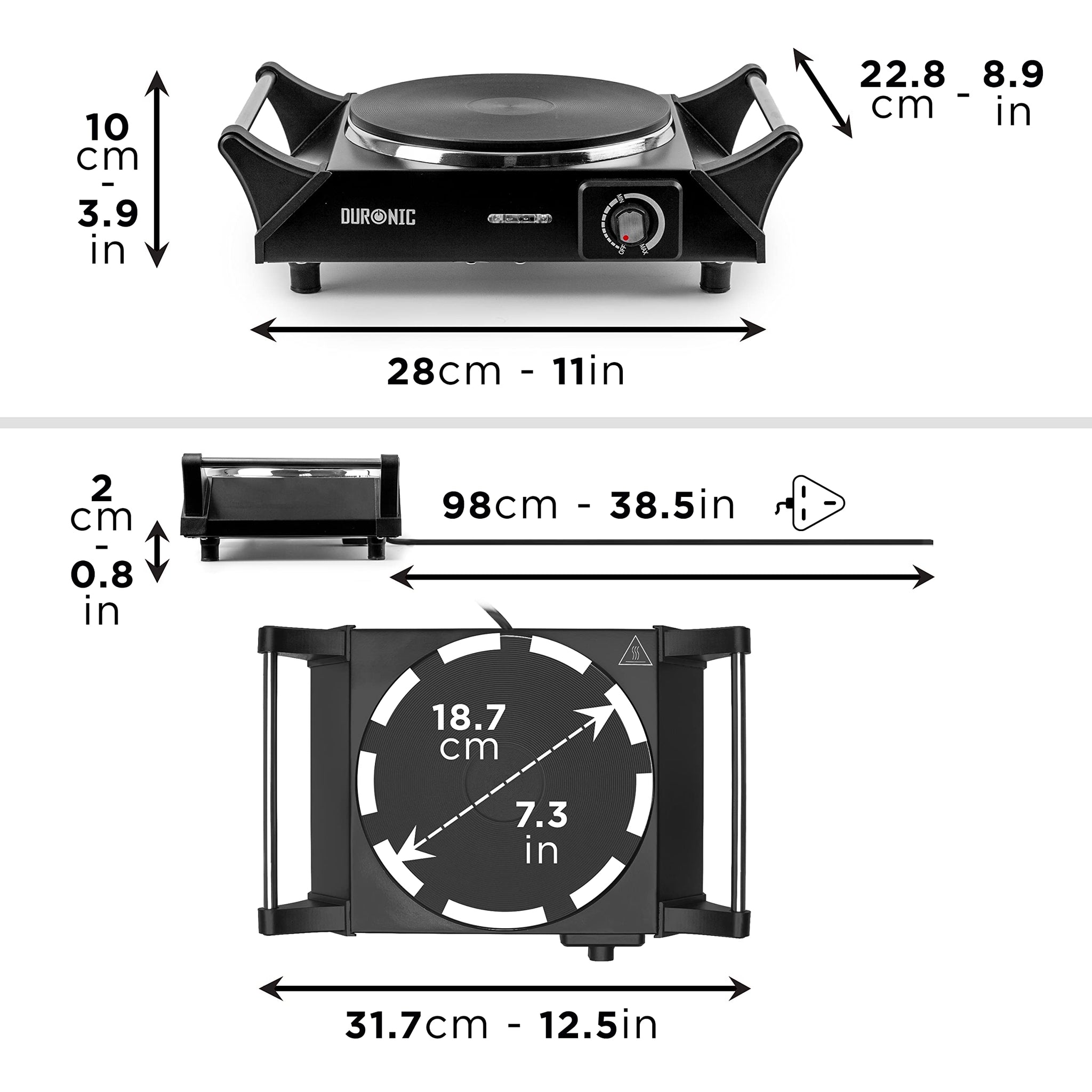 Duronic HP1 BK single hob hot plate dimensions height, length, width, depth for breakfast, lunch, dinner
