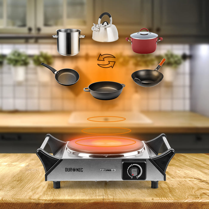 Duronic HP1 SS portable electric hob compatible with pots, pans, woks, kettles, bowls and more