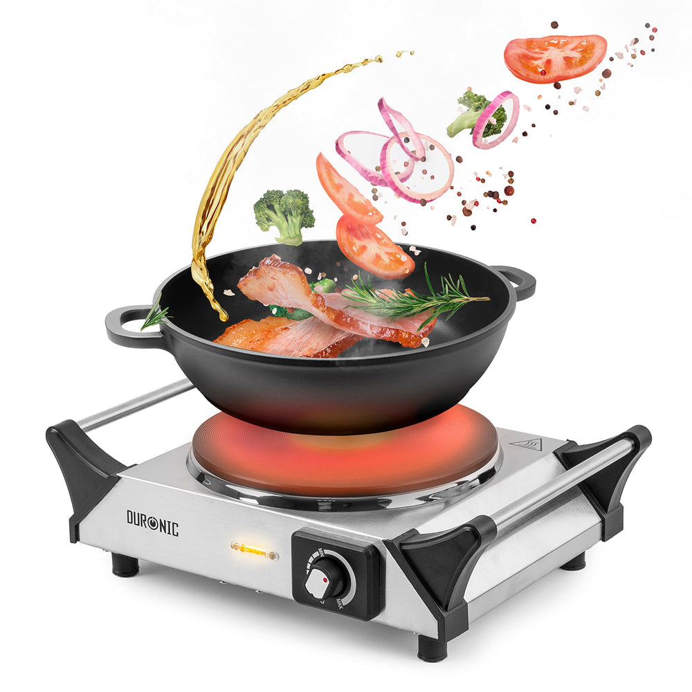 Duronic HP1 SS portable electric hot plate single hob cooking meat, vegetables, spices for breakfast, lunch, dinner, snack