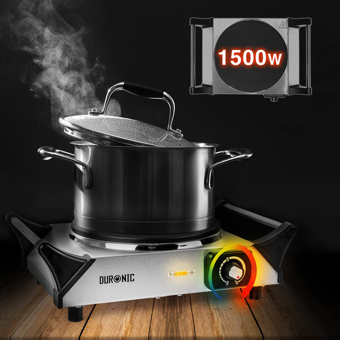 Duronic HP1 SS single hob hot plate wattage 1500W boiling water in a large pot