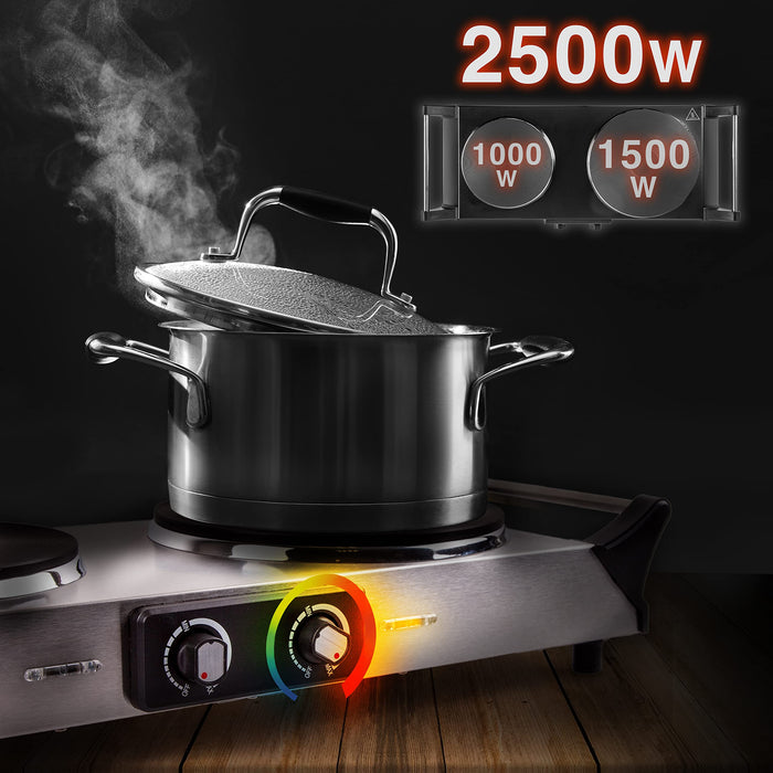 Duronic HP2 SS double hob hot plate wattage 1000W and 1500W for home, kitchen, pots, camping