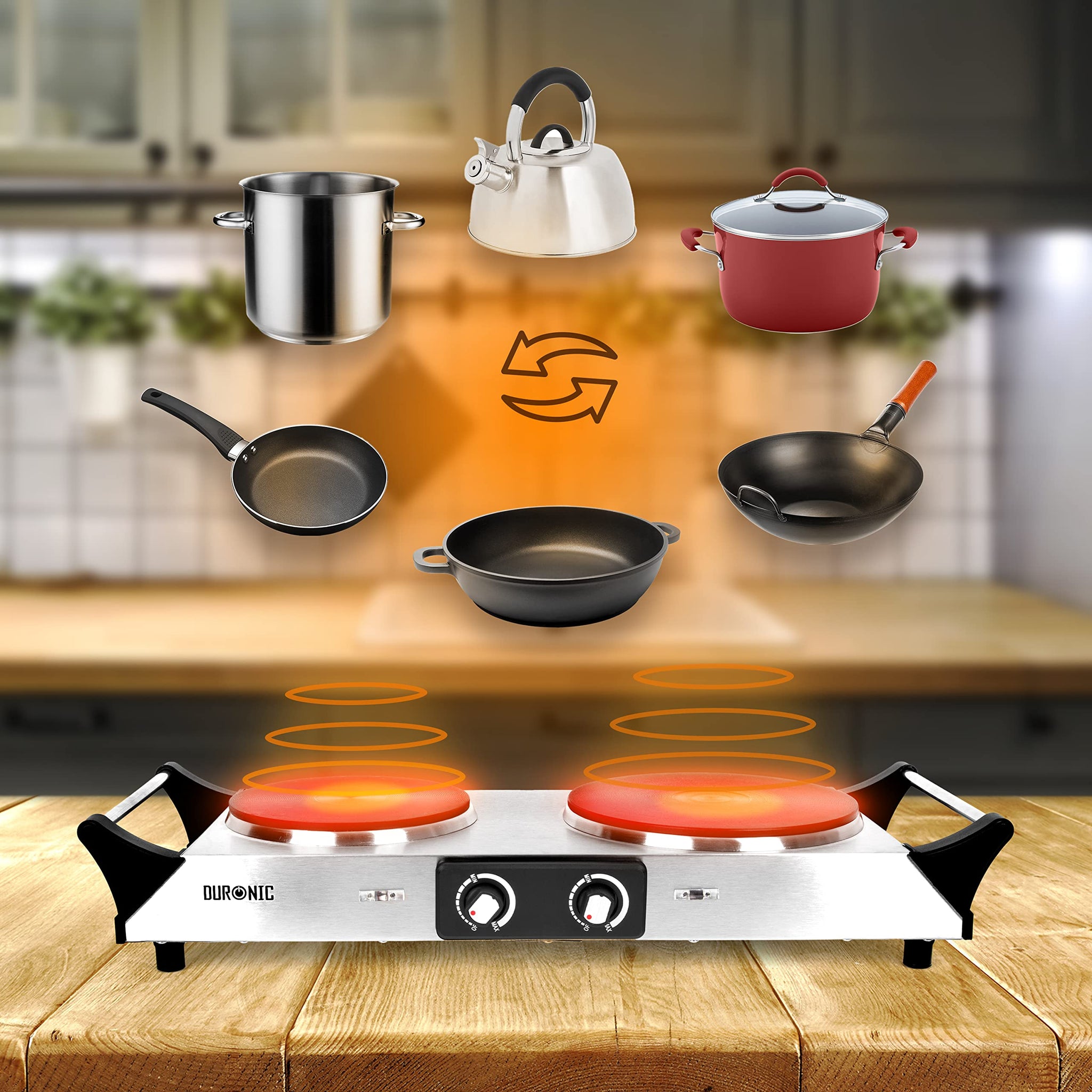 Duronic HP2 SS electric double hot plate compatible with pots, pans, kettles, woks, bowls