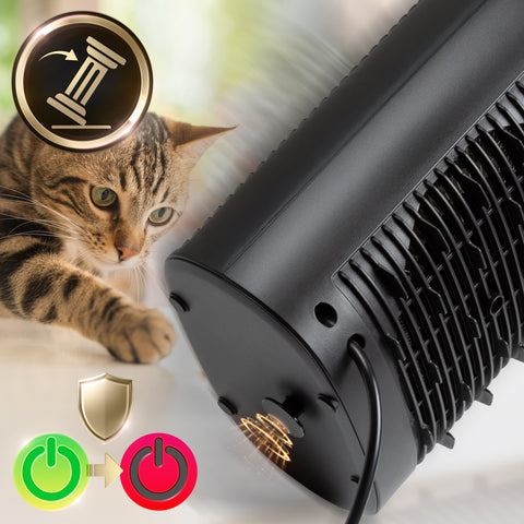 Duronic HV32 BK Electric Fan Heater cat showing the power button at the bottom of the fan