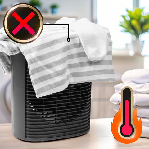 Duronic HV32 BK Electric Fan Heater with a "no" symbol and a high-temperature flame icon, warning users not to dry clothes or socks on the device due to fire hazards.