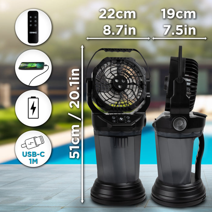 Duronic Handheld Misting Fan showing dimensions, remote control, power bank, and USB-C charging features.