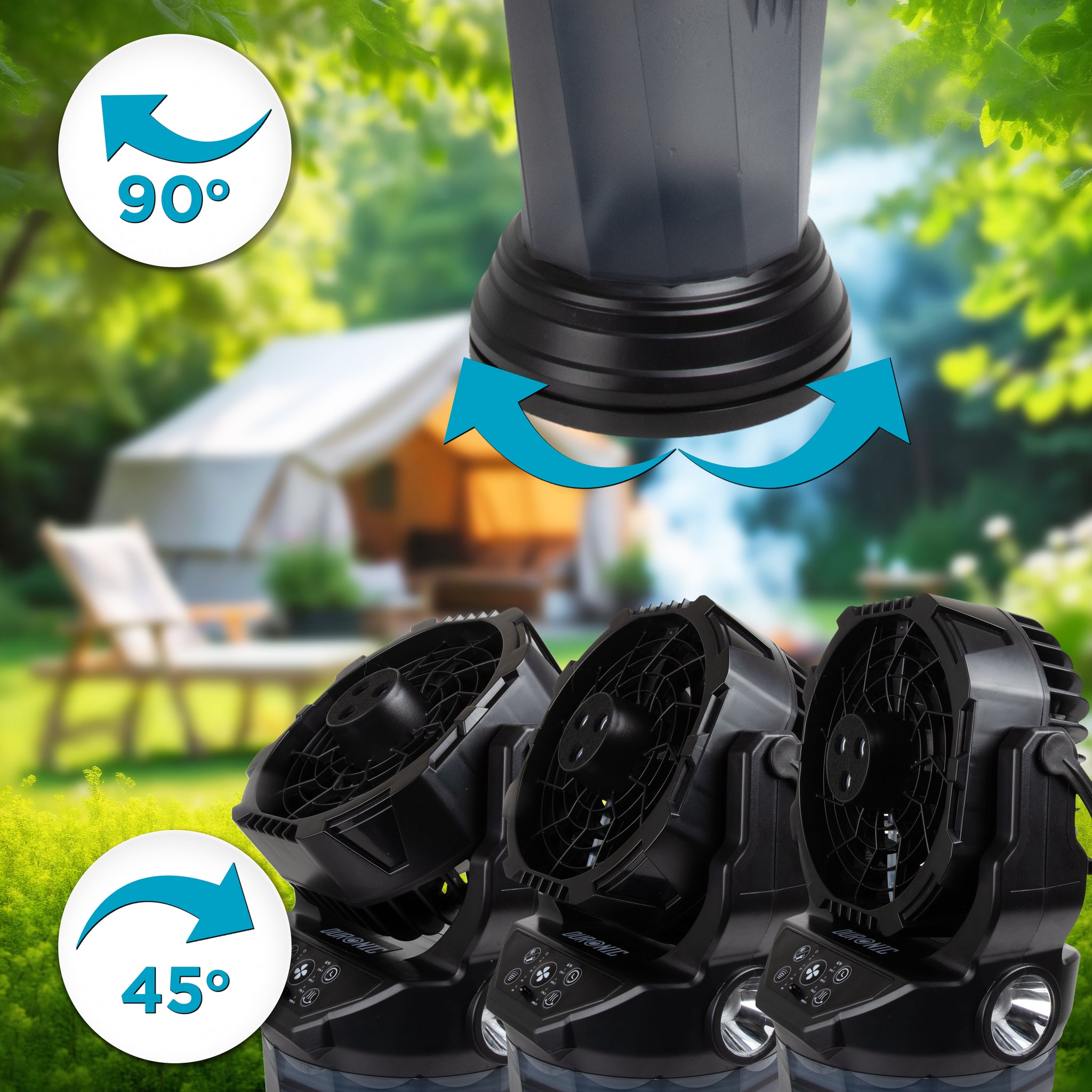 Duronic Handheld Misting Fan showing ninety degree oscillation and forty five degree tilt in nature.