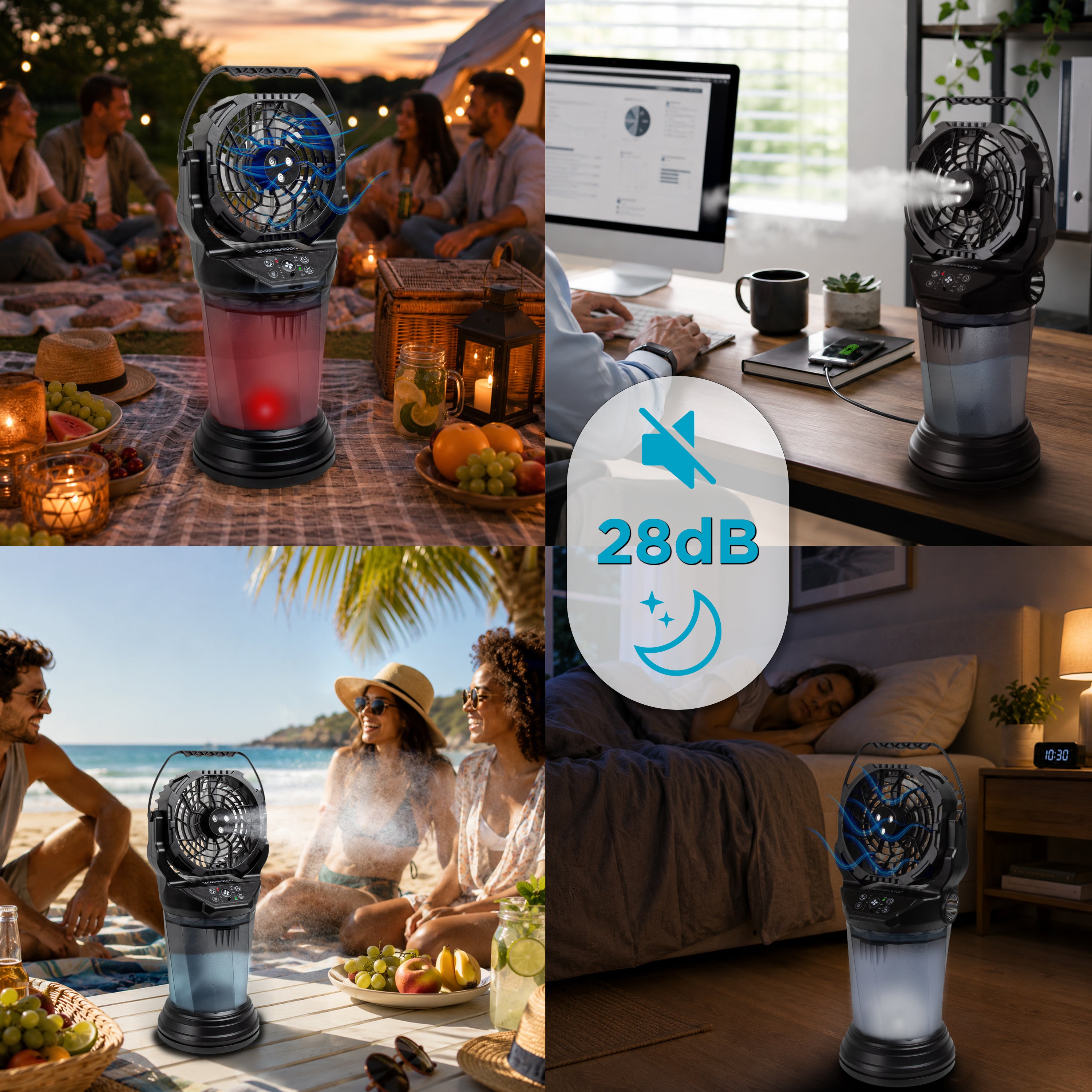 Duronic Handheld Misting Fan shown in four settings: camping, office work, beach, and quiet nighttime sleeping.