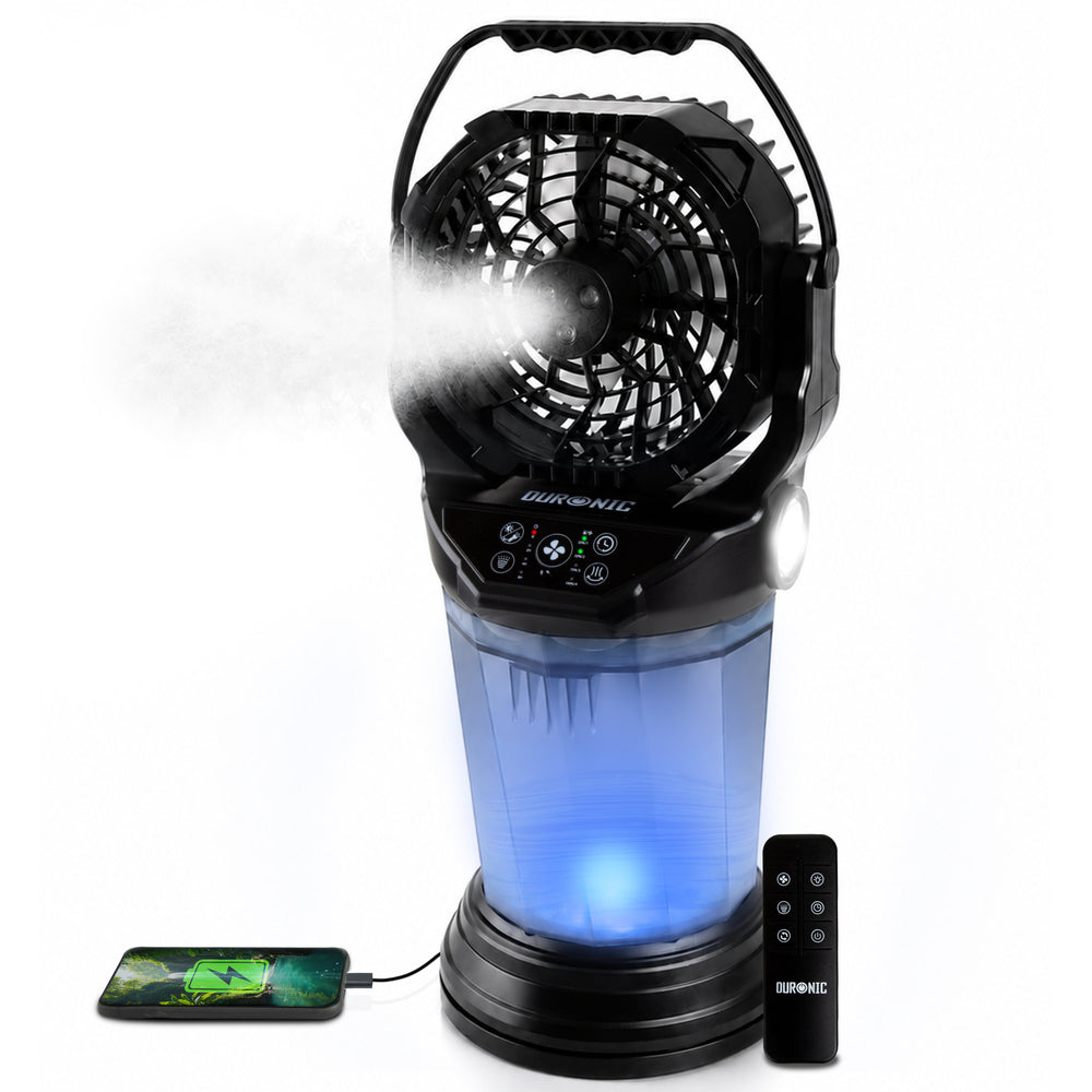 Duronic Handheld Misting Fan with blue illuminated water tank, remote control, and smartphone charging capability.