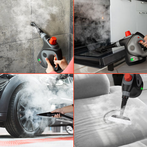 Duronic  Handheld Steam Cleaner being used to clean wall tiles, ovens, car wheels, and furniture.