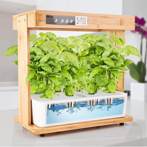 Duronic Hydroponic Growing System featuring a bamboo frame, built-in LED grow lights, and lush green basil plants growing in a water-filled reservoir.