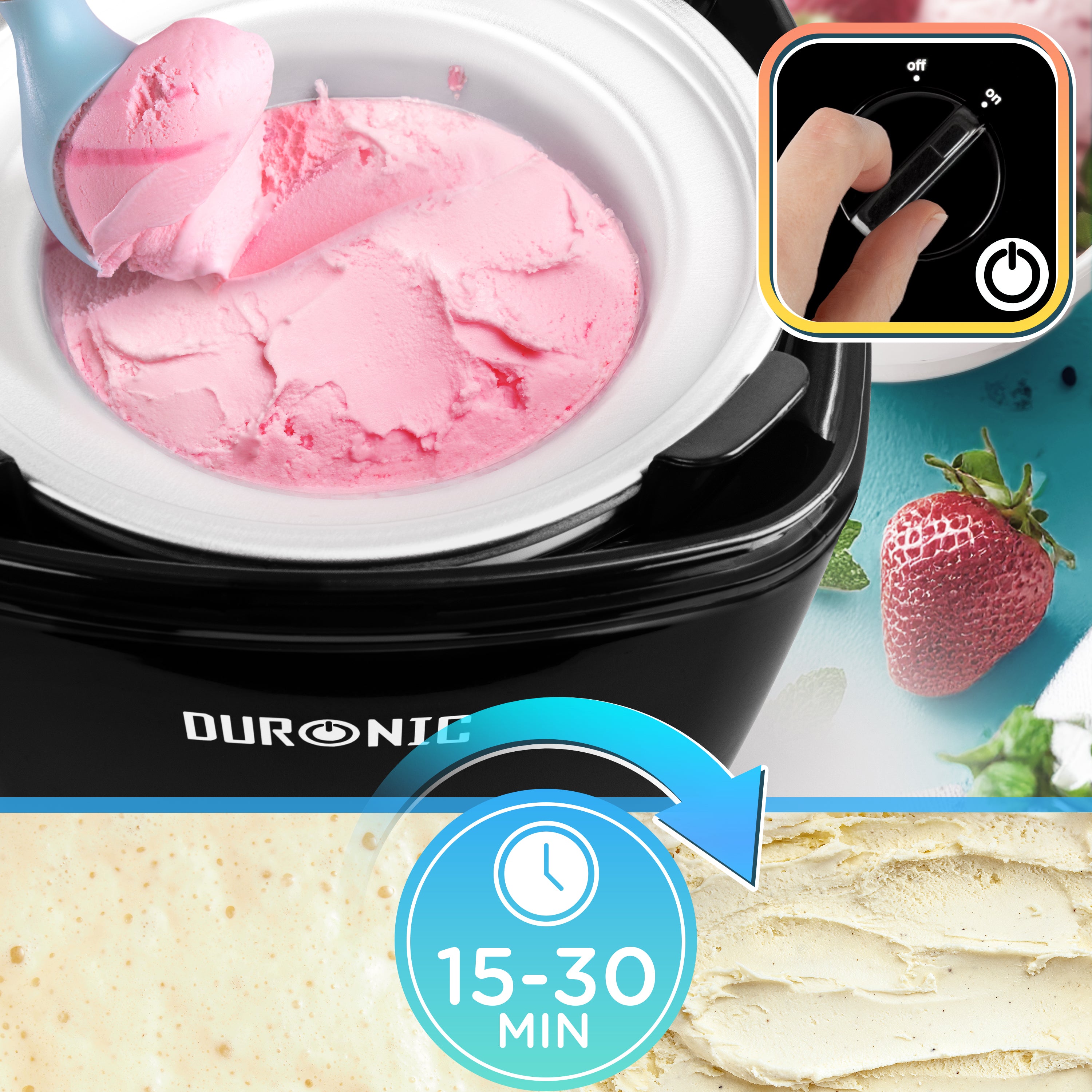 Duronic Ice Cream Maker making fresh strawberry ice cream quickly in 15 to 30 minutes.