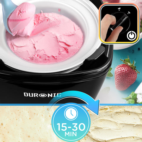 Duronic Ice Cream Maker making fresh strawberry ice cream quickly in 15 to 30 minutes.