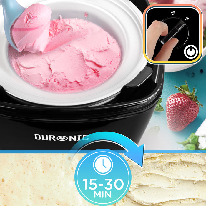 Duronic Ice Cream Maker making fresh strawberry ice cream quickly in 15 to 30 minutes.