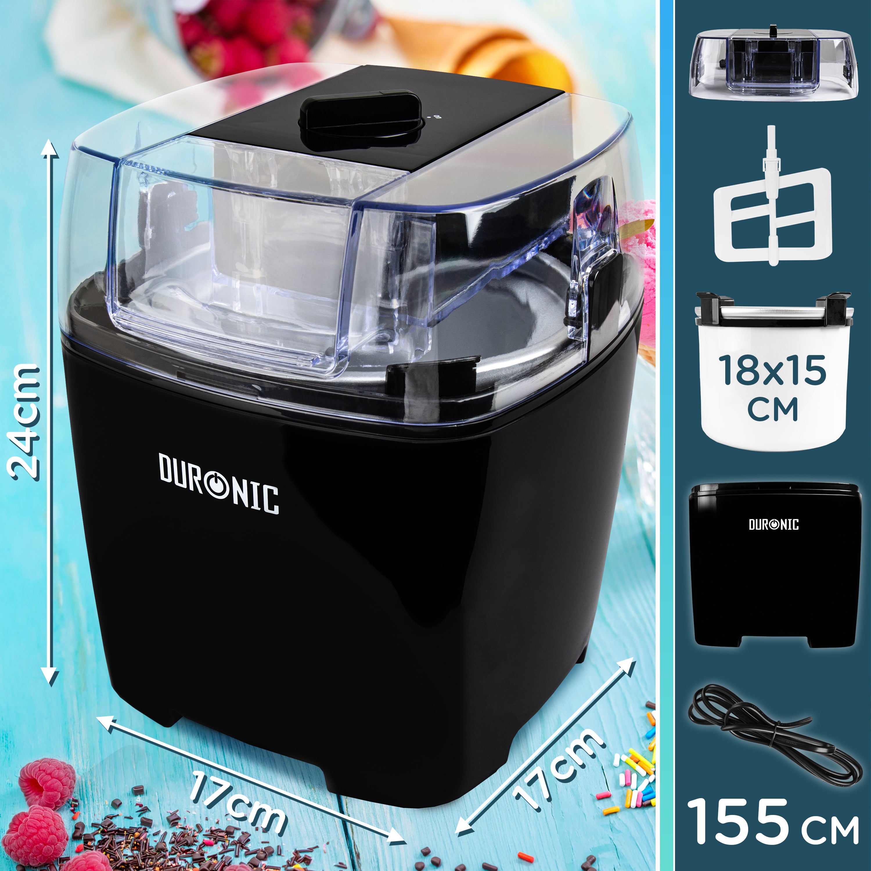 Duronic Ice Cream Maker showing product dimensions, clear lid, removable bowl, and power cord.
